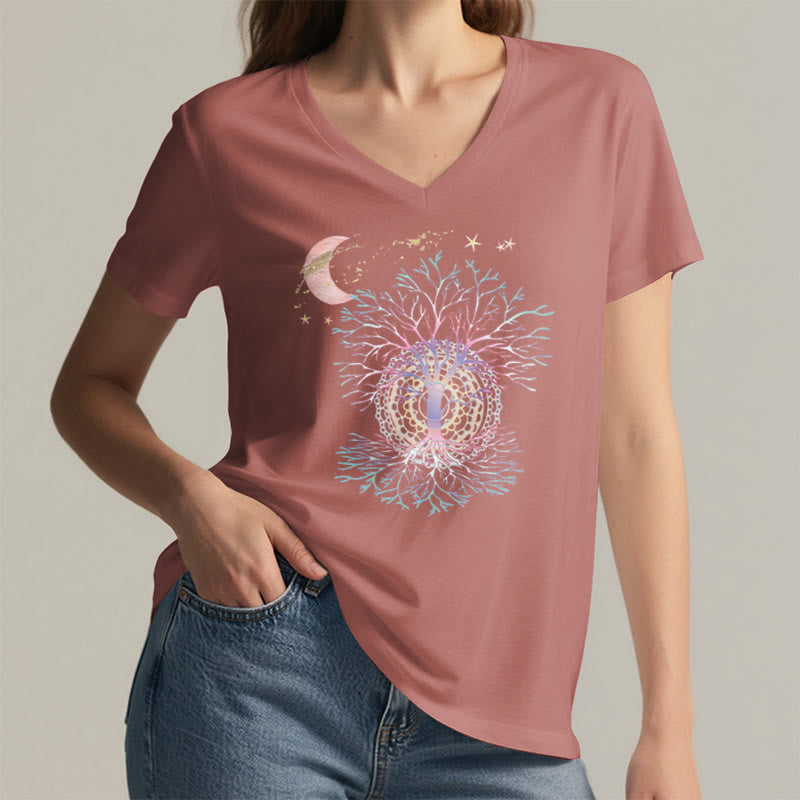 Olivenorma Boho Crescent Moon Star Galaxy Tree Of Life Graphic Women's V Neck T-Shirt - image 11