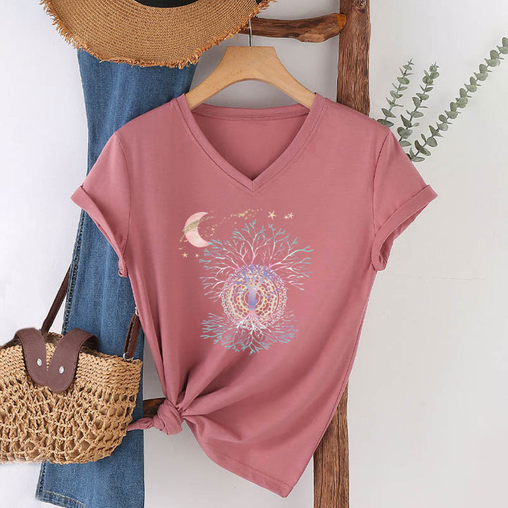 Olivenorma Boho Crescent Moon Star Galaxy Tree Of Life Graphic Women's V Neck T-Shirt - image 10