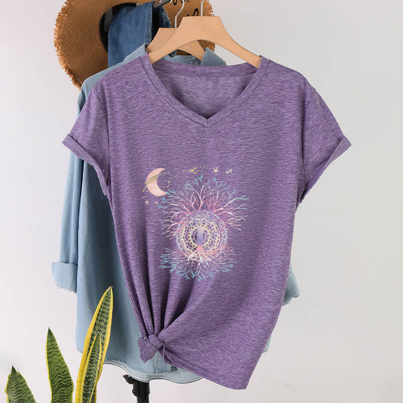 Olivenorma Boho Crescent Moon Star Galaxy Tree Of Life Graphic Women's V Neck T-Shirt - image 37