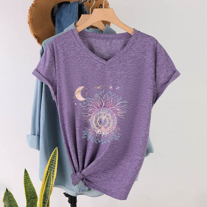 Olivenorma Boho Crescent Moon Star Galaxy Tree Of Life Graphic Women's V Neck T-Shirt - image 37