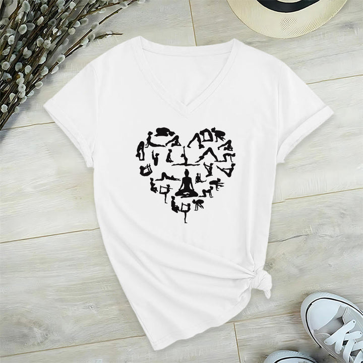Olivenorma Heart Shaped All Yoga Poses Silhouette Graphic Women's V Neck T-Shirt - White - 2XL - image 18