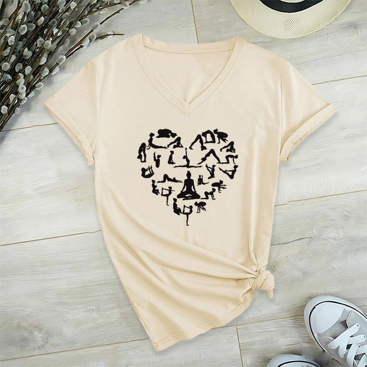 Olivenorma Heart Shaped All Yoga Poses Silhouette Graphic Women's V Neck T-Shirt - Khaki - 2XL - image 6