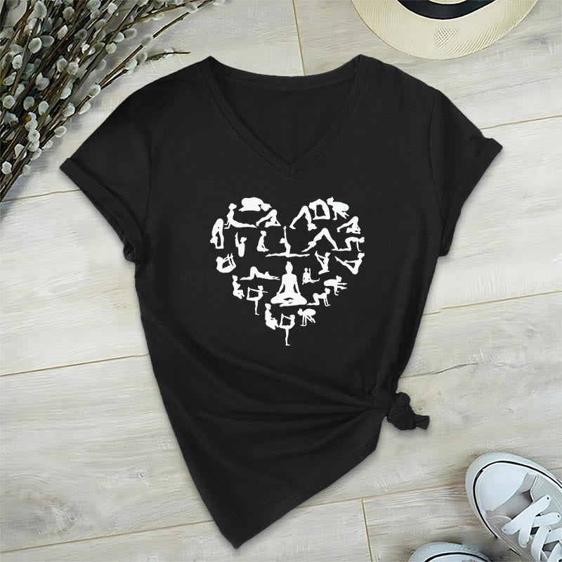 Olivenorma Heart Shaped All Yoga Poses Silhouette Graphic Women's V Neck T-Shirt - Black - 2XL - image 12