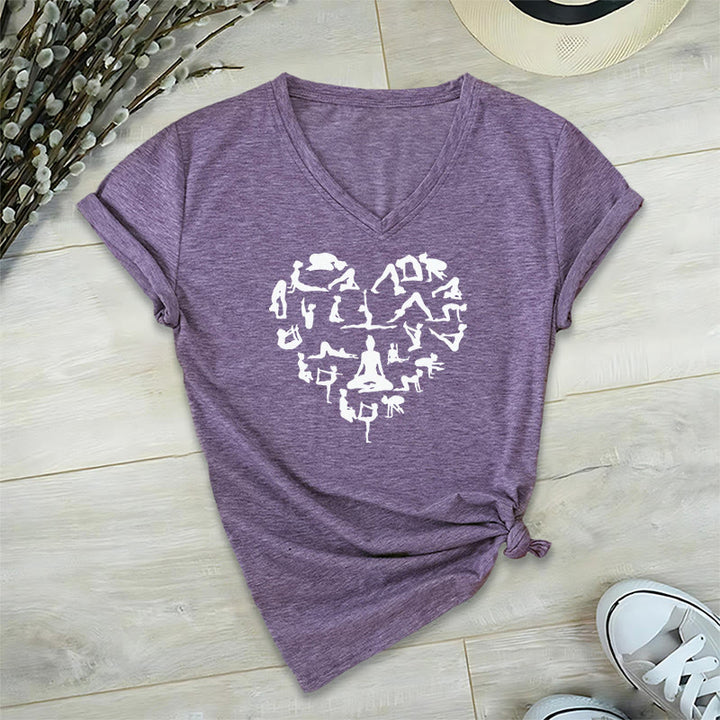 Olivenorma Heart Shaped All Yoga Poses Silhouette Graphic Women's V Neck T-Shirt - Purple - 2XL - image 36