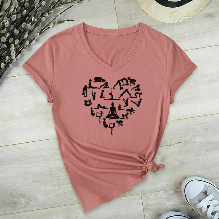 Olivenorma Heart Shaped All Yoga Poses Silhouette Graphic Women's V Neck T-Shirt - Pink - 2XL - image 0