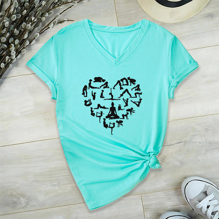 Olivenorma Heart Shaped All Yoga Poses Silhouette Graphic Women's V Neck T-Shirt - Lake Blue - 2XL - image 9