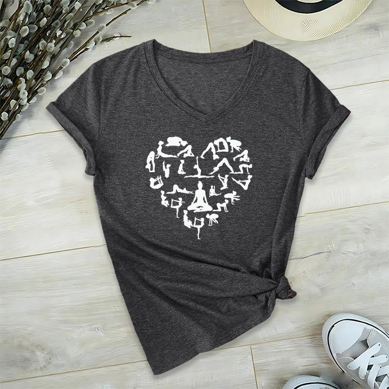 Olivenorma Heart Shaped All Yoga Poses Silhouette Graphic Women's V Neck T-Shirt - Gray - 2XL - image 15