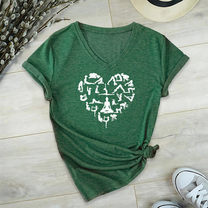 Olivenorma Heart Shaped All Yoga Poses Silhouette Graphic Women's V Neck T-Shirt - Dark Green - 2XL - image 24