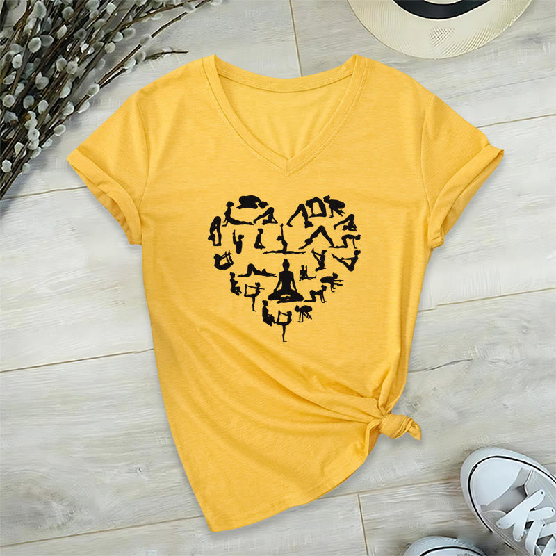Olivenorma Heart Shaped All Yoga Poses Silhouette Graphic Women's V Neck T-Shirt - Yellow - 2XL - image 30