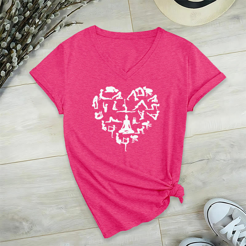 Olivenorma Heart Shaped All Yoga Poses Silhouette Graphic Women's V Neck T-Shirt - Rose Red - 2XL - image 33