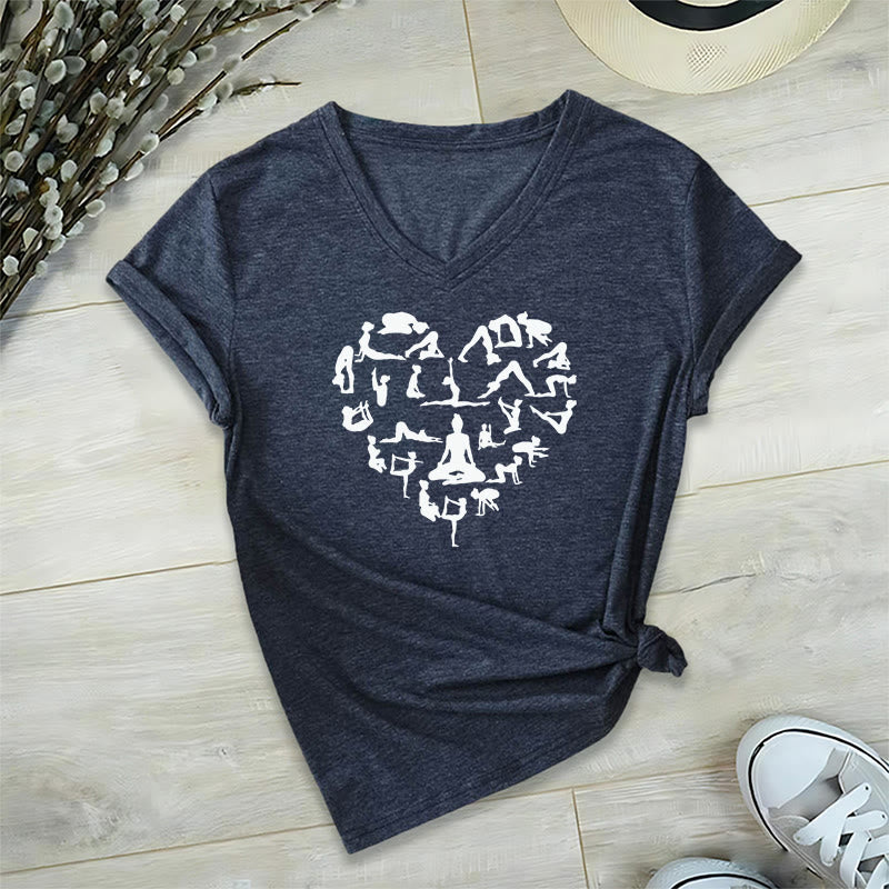Olivenorma Heart Shaped All Yoga Poses Silhouette Graphic Women's V Neck T-Shirt - Navy Blue - 2XL - image 21
