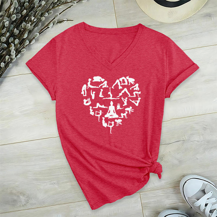 Olivenorma Heart Shaped All Yoga Poses Silhouette Graphic Women's V Neck T-Shirt - Red - 2XL - image 27
