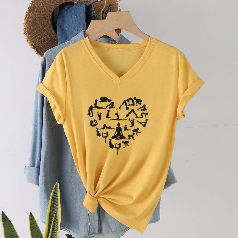 Olivenorma Heart Shaped All Yoga Poses Silhouette Graphic Women's V Neck T-Shirt - image 31