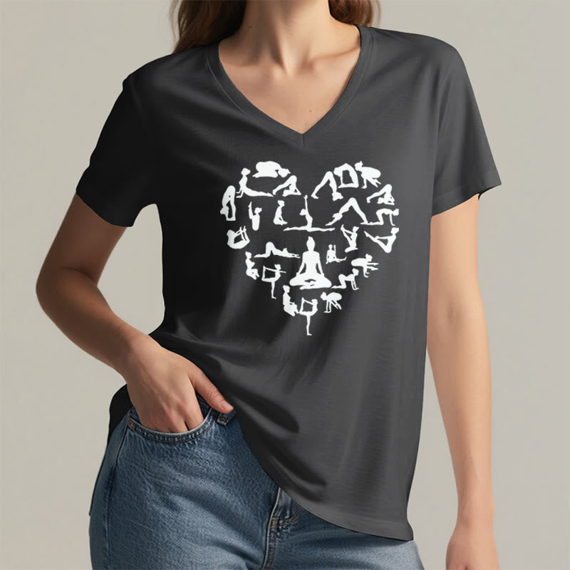 Olivenorma Heart Shaped All Yoga Poses Silhouette Graphic Women's V Neck T-Shirt - image 17