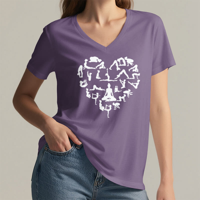 Olivenorma Heart Shaped All Yoga Poses Silhouette Graphic Women's V Neck T-Shirt - image 38