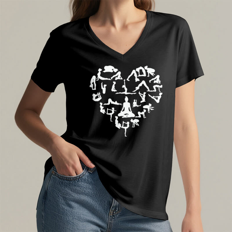 Olivenorma Heart Shaped All Yoga Poses Silhouette Graphic Women's V Neck T-Shirt - image 14