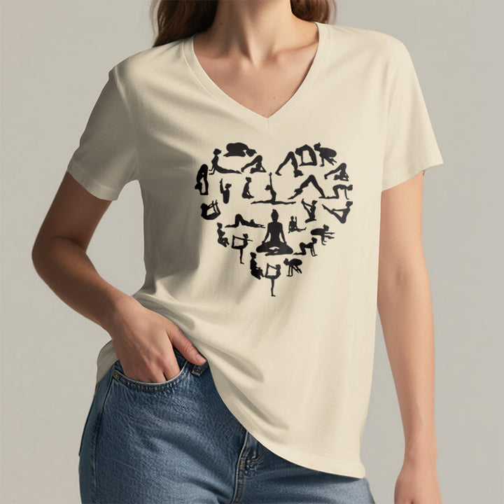 Olivenorma Heart Shaped All Yoga Poses Silhouette Graphic Women's V Neck T-Shirt - image 8