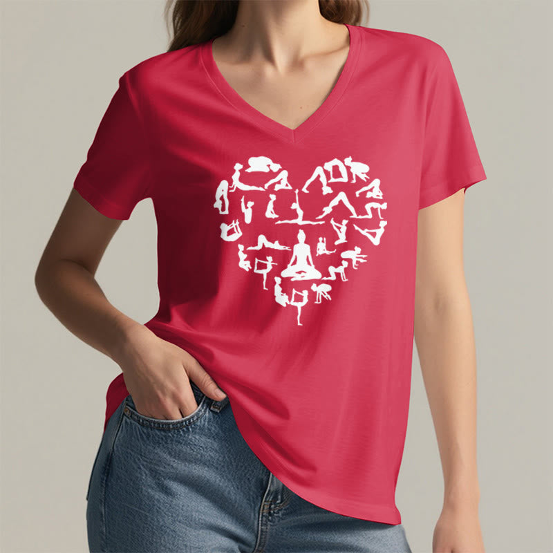 Olivenorma Heart Shaped All Yoga Poses Silhouette Graphic Women's V Neck T-Shirt - image 29