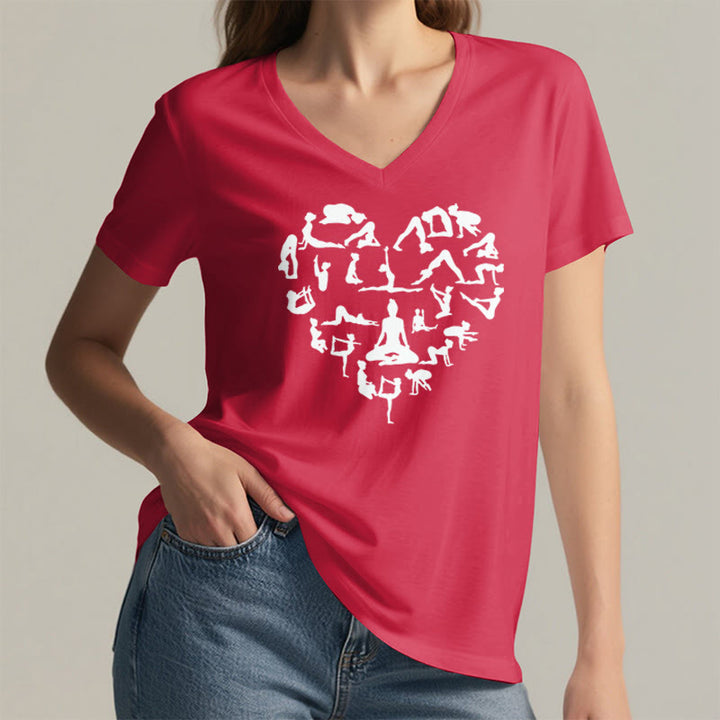 Olivenorma Heart Shaped All Yoga Poses Silhouette Graphic Women's V Neck T-Shirt - image 29