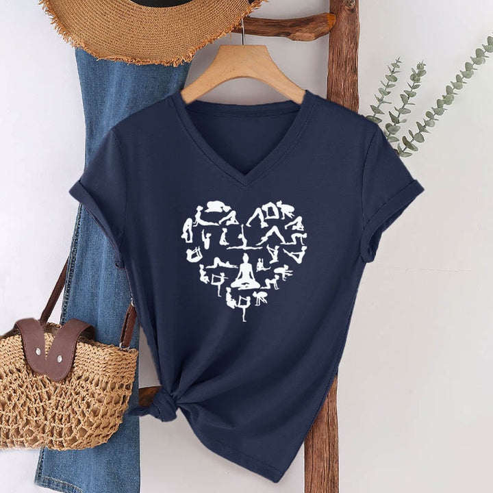 Olivenorma Heart Shaped All Yoga Poses Silhouette Graphic Women's V Neck T-Shirt - image 22