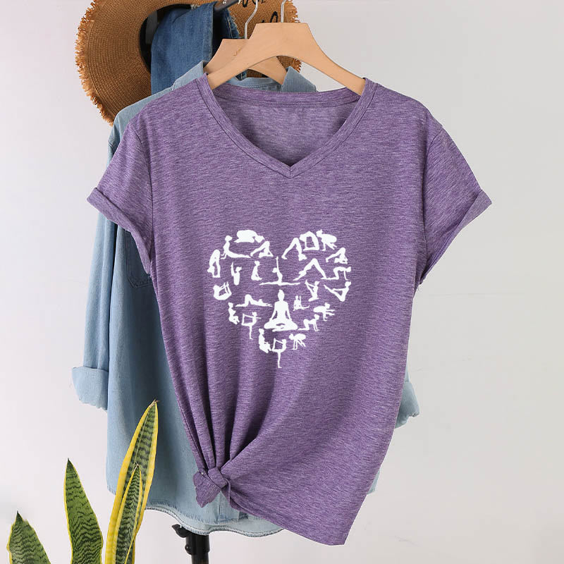 Olivenorma Heart Shaped All Yoga Poses Silhouette Graphic Women's V Neck T-Shirt - image 37