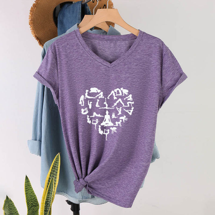 Olivenorma Heart Shaped All Yoga Poses Silhouette Graphic Women's V Neck T-Shirt - image 37