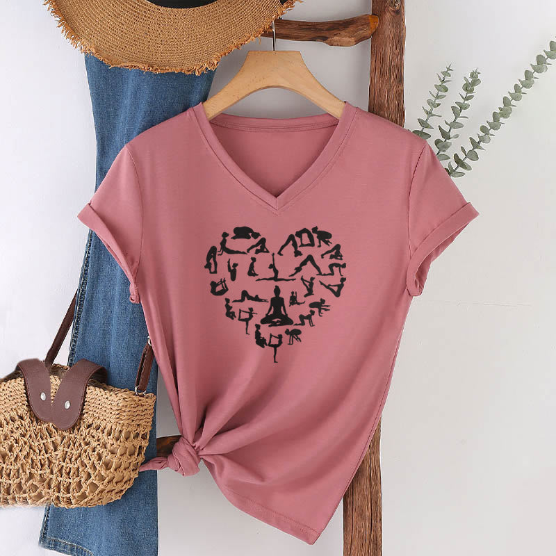 Olivenorma Heart Shaped All Yoga Poses Silhouette Graphic Women's V Neck T-Shirt - image 1