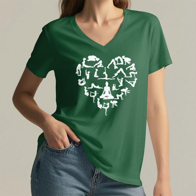 Olivenorma Heart Shaped All Yoga Poses Silhouette Graphic Women's V Neck T-Shirt - image 26
