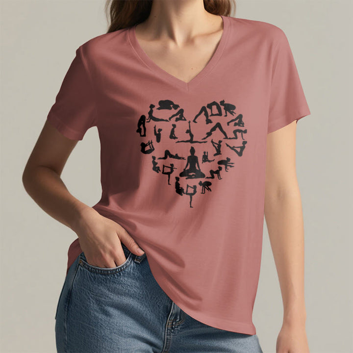 Olivenorma Heart Shaped All Yoga Poses Silhouette Graphic Women's V Neck T-Shirt - image 2