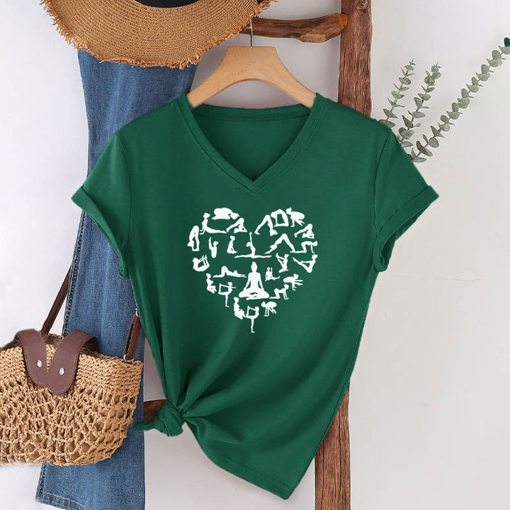 Olivenorma Heart Shaped All Yoga Poses Silhouette Graphic Women's V Neck T-Shirt - image 25
