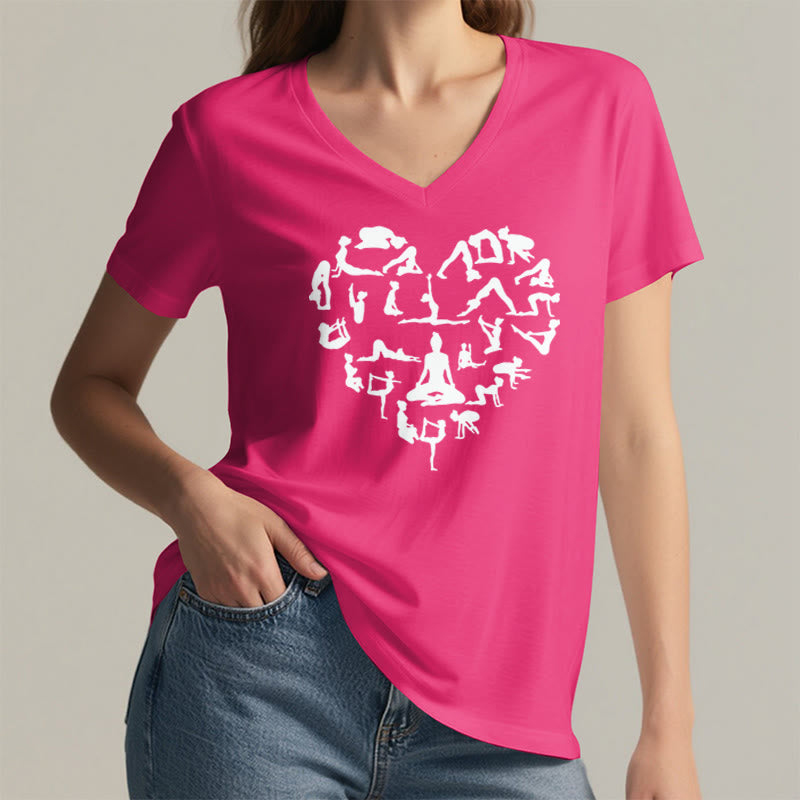 Olivenorma Heart Shaped All Yoga Poses Silhouette Graphic Women's V Neck T-Shirt - image 35