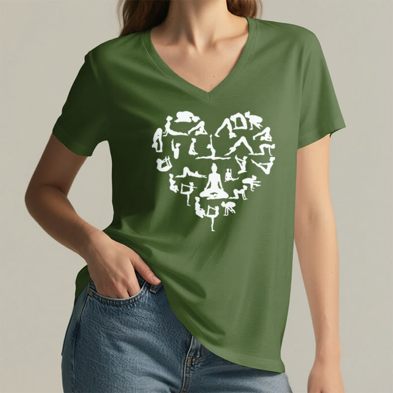 Olivenorma Heart Shaped All Yoga Poses Silhouette Graphic Women's V Neck T-Shirt - image 5