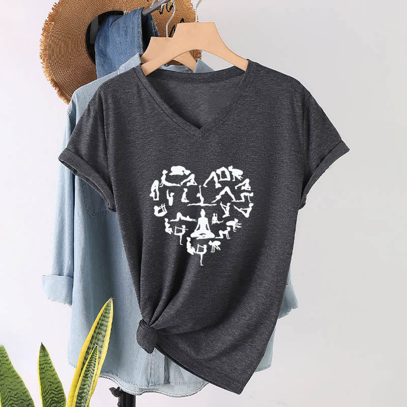 Olivenorma Heart Shaped All Yoga Poses Silhouette Graphic Women's V Neck T-Shirt - image 16