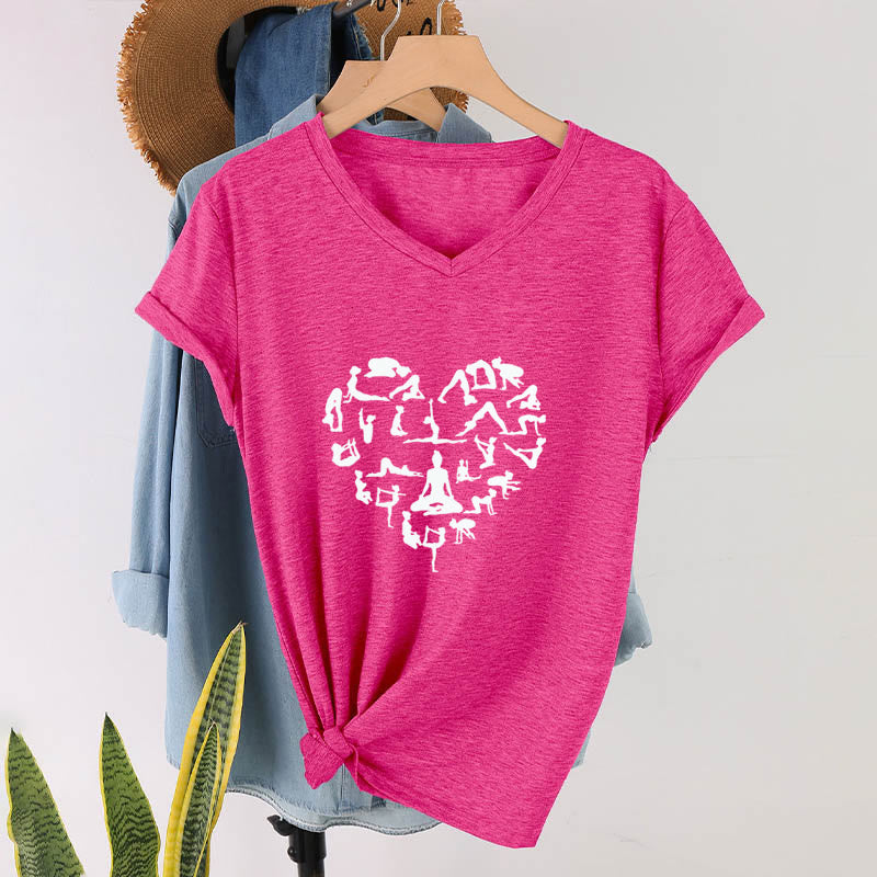 Olivenorma Heart Shaped All Yoga Poses Silhouette Graphic Women's V Neck T-Shirt - image 34