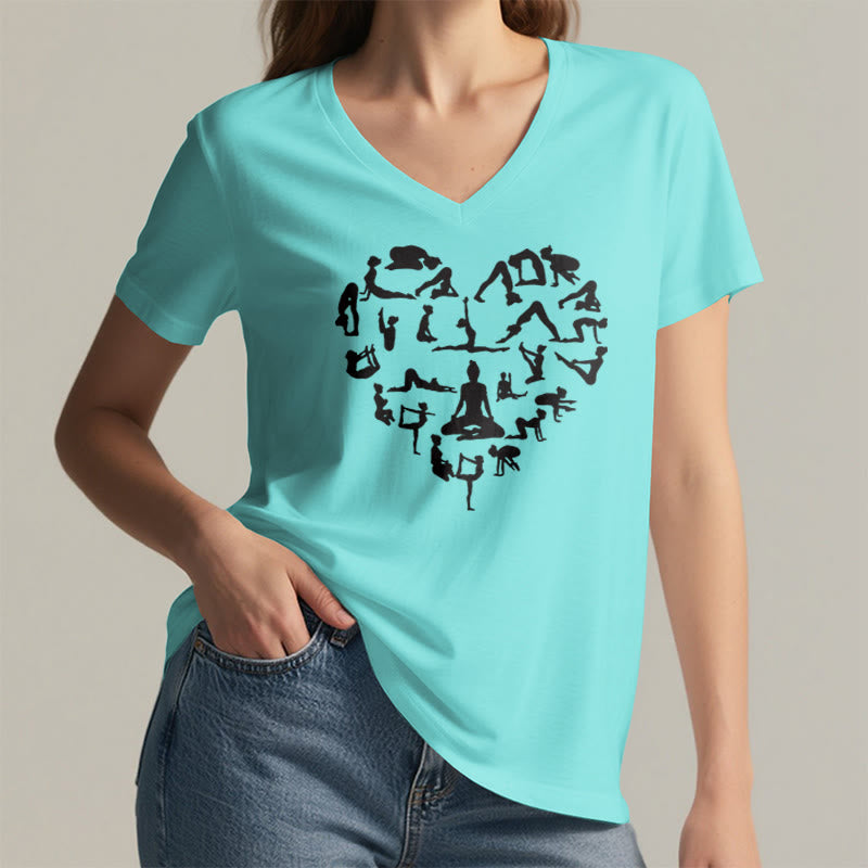 Olivenorma Heart Shaped All Yoga Poses Silhouette Graphic Women's V Neck T-Shirt - image 11