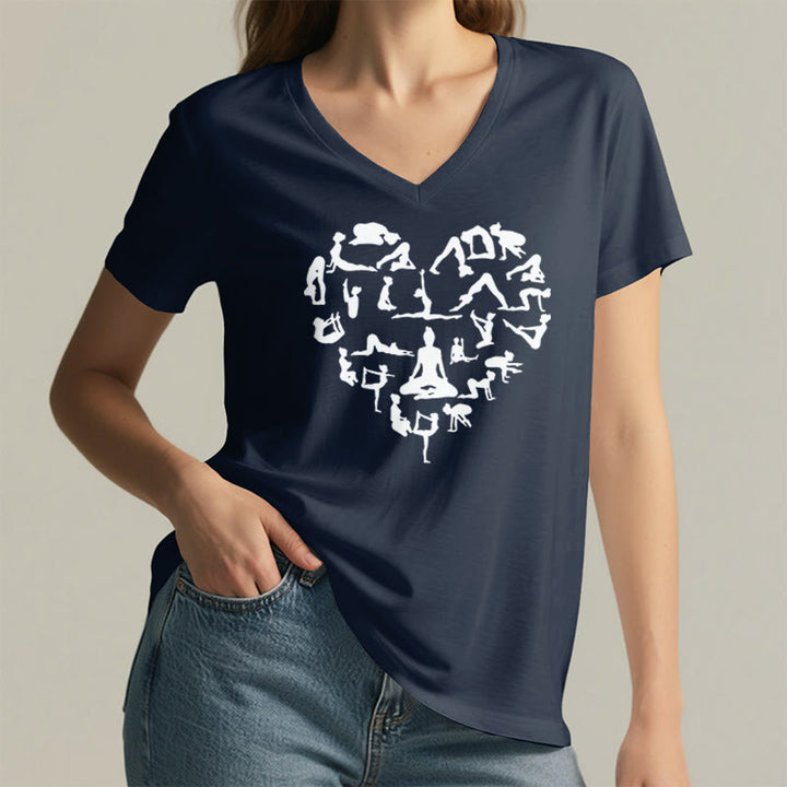 Olivenorma Heart Shaped All Yoga Poses Silhouette Graphic Women's V Neck T-Shirt - image 23