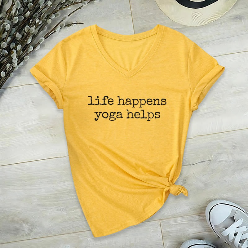 Olivenorma Life Happens Yoga Helps Funny Text Graphic Women's V Neck T-Shirt - Yellow - 2XL - image 30