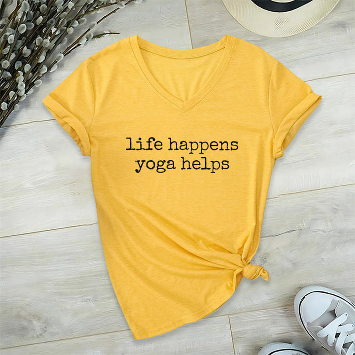 Olivenorma Life Happens Yoga Helps Funny Text Graphic Women's V Neck T-Shirt - Yellow - 2XL - image 30