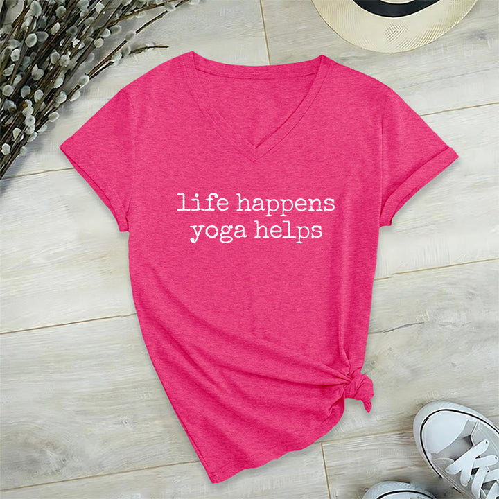 Olivenorma Life Happens Yoga Helps Funny Text Graphic Women's V Neck T-Shirt - Rose Red - 2XL - image 33