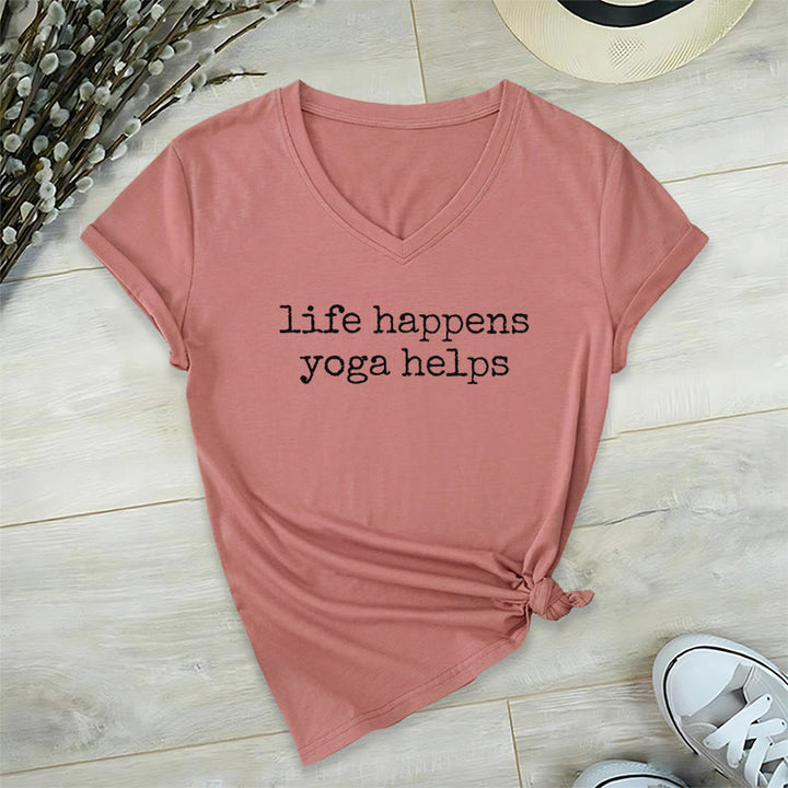 Olivenorma Life Happens Yoga Helps Funny Text Graphic Women's V Neck T-Shirt - Pink - 2XL - image 9