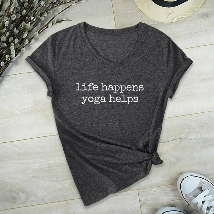 Olivenorma Life Happens Yoga Helps Funny Text Graphic Women's V Neck T-Shirt - Gray - 2XL - image 0