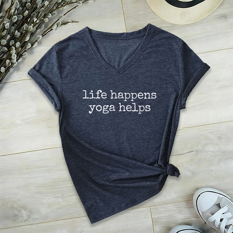 Olivenorma Life Happens Yoga Helps Funny Text Graphic Women's V Neck T-Shirt - Navy Blue - 2XL - image 21