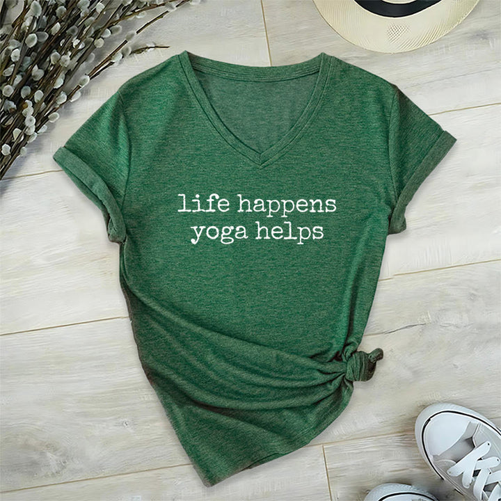 Olivenorma Life Happens Yoga Helps Funny Text Graphic Women's V Neck T-Shirt - Dark Green - 2XL - image 24