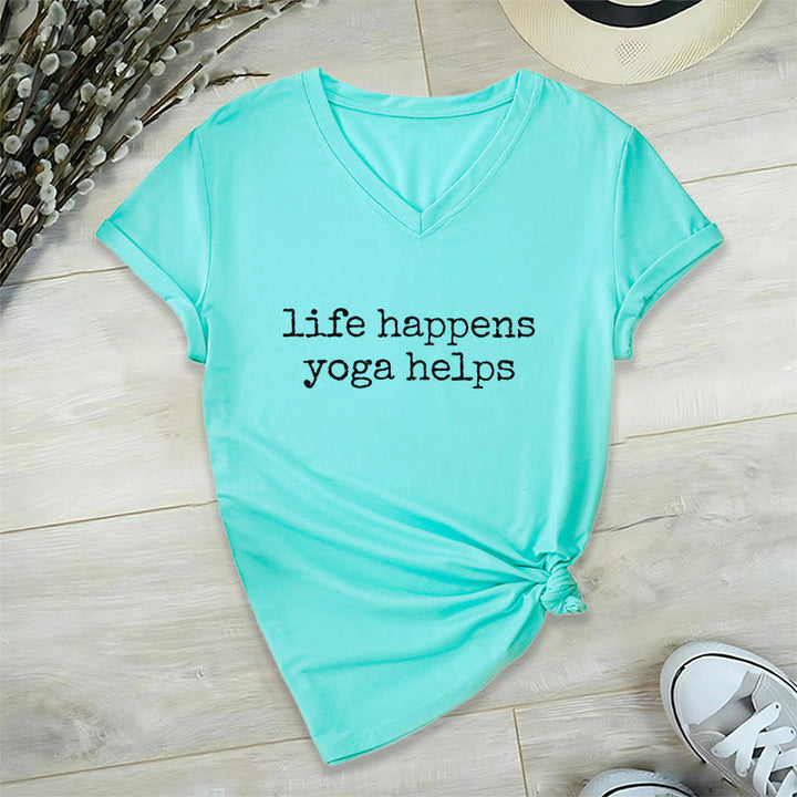 Olivenorma Life Happens Yoga Helps Funny Text Graphic Women's V Neck T-Shirt - Lake Blue - 2XL - image 12
