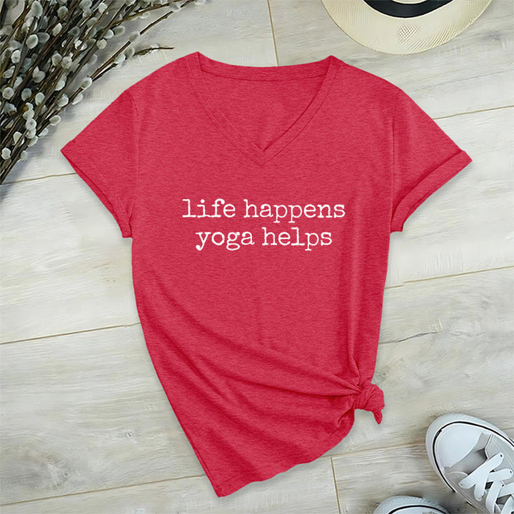 Olivenorma Life Happens Yoga Helps Funny Text Graphic Women's V Neck T-Shirt - Red - 2XL - image 27