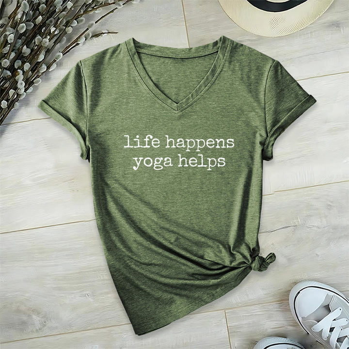 Olivenorma Life Happens Yoga Helps Funny Text Graphic Women's V Neck T-Shirt - Olive Green - 2XL - image 3