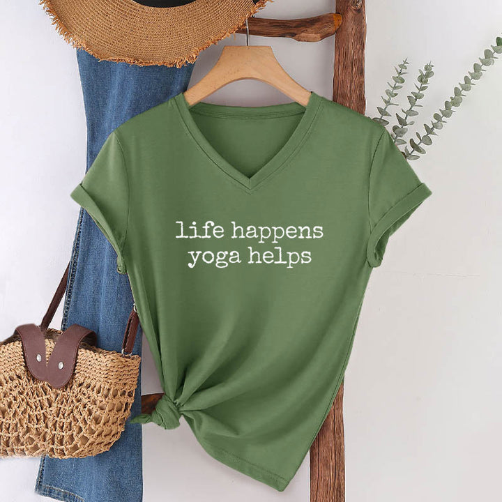 Olivenorma Life Happens Yoga Helps Funny Text Graphic Women's V Neck T-Shirt - image 4