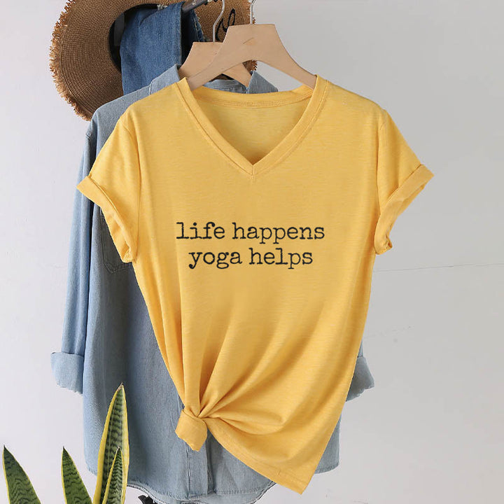 Olivenorma Life Happens Yoga Helps Funny Text Graphic Women's V Neck T-Shirt - image 31