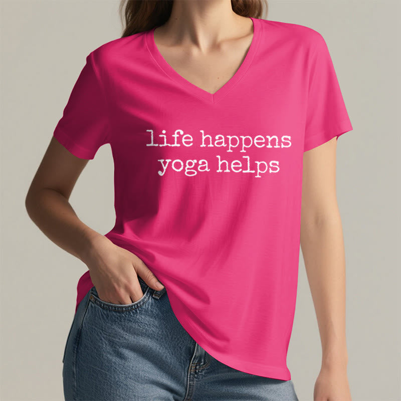 Olivenorma Life Happens Yoga Helps Funny Text Graphic Women's V Neck T-Shirt - image 35