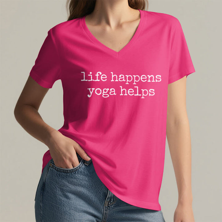 Olivenorma Life Happens Yoga Helps Funny Text Graphic Women's V Neck T-Shirt - image 35